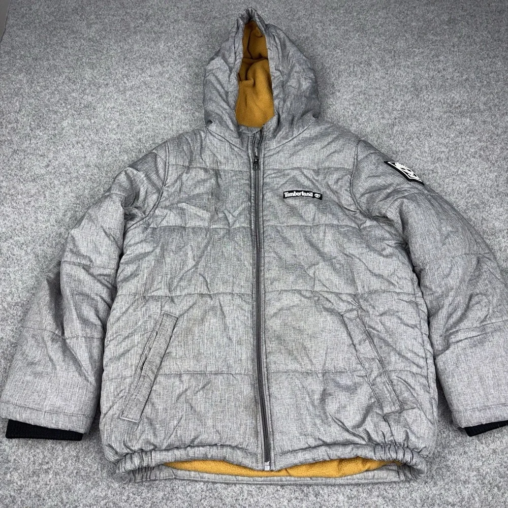Timberland Puffer Jacket Boys Large 14-16 Gray Hooded Fleece Lined Full Zip Warm